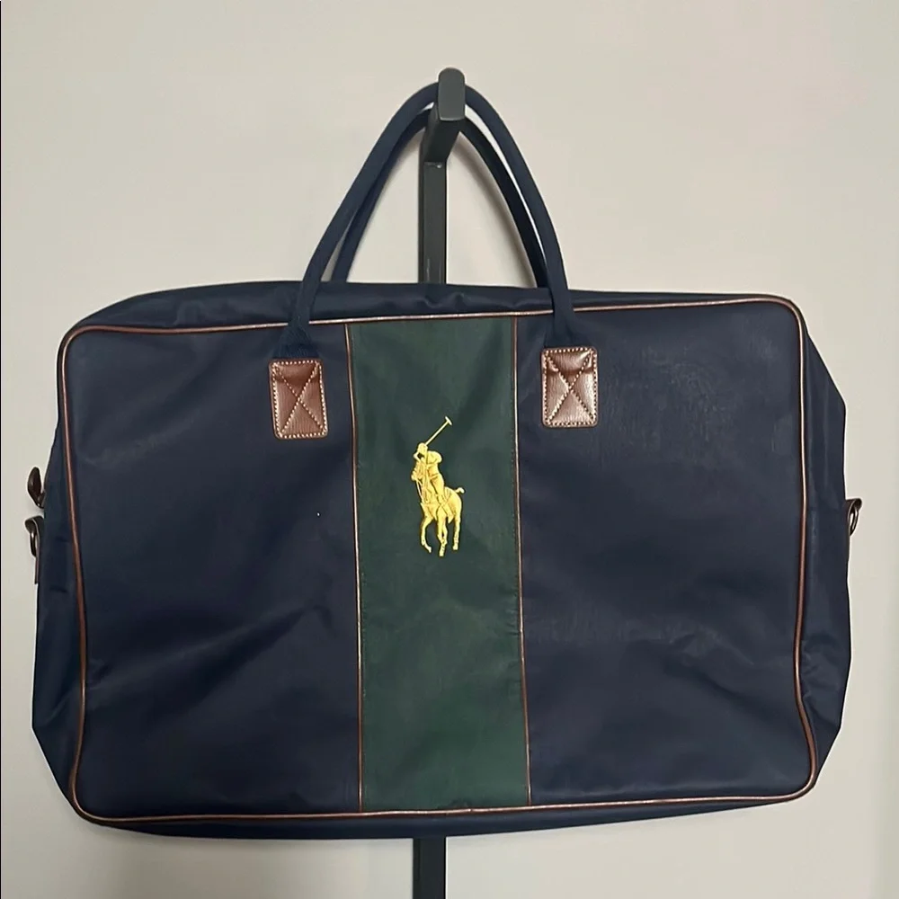 Polo Ralph Lauren Green Blue Duffle Bag Canvas Weekender Big Pony